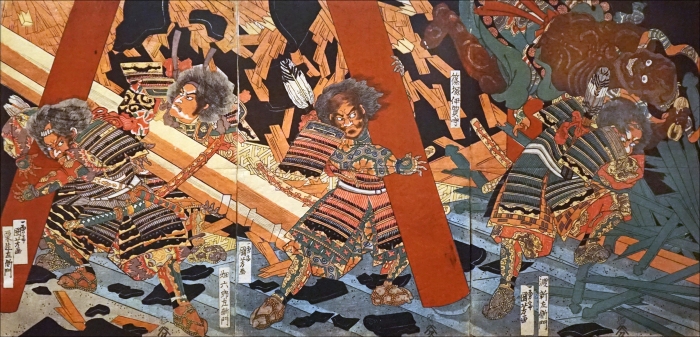 Les quatre grands serviteurs de Nitta Yoshisada lors de la bataille au monastère Miidera,